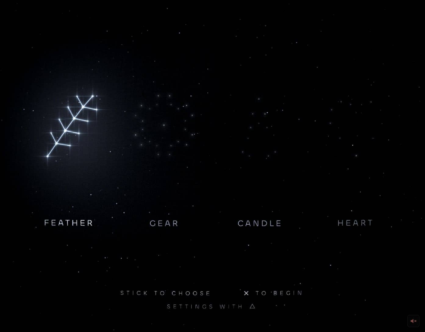 Four constellations in a night sky, labelled Feather, Gear, Candle and Heart, with the Feather lit